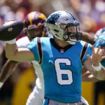 
              Carolina Panthers quarterback Baker Mayfield throws a pass during the first half of a NFL preseason football game against the Washington Commanders, Saturday, Aug. 13, 2022, in Landover, Md. (AP Photo/Alex Brandon)
            