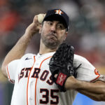 
              Houston Astros starting pitcher Justin Verlander throws against the Minnesota Twins during the first inning of a baseball game Tuesday, Aug. 23, 2022, in Houston. (AP Photo/David J. Phillip)
            