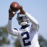 
              Dallas Cowboys wide receiver KeVontae Turpin (2) participates in drills at the NFL football team's practice facility in Oxnard, Calif. Wednesday, Aug. 3, 2022. (AP Photo/Ashley Landis)
            