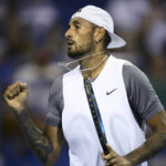 
              Nick Kyrgios, of Australia, reacts during a semifinal against Mikael Ymer, of Sweden, at the Citi Open tennis tournament Saturday, Aug. 6, 2022, in Washington. (AP Photo/Nick Wass)
            