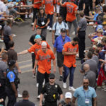 
              The Baltimore Orioles arrive at the Little League World Series in South Williamsport, Pa., Sunday, Aug. 21, 2022. The Orioles will face the Boston Red Sox in the Little League Classic on Sunday Night Baseball from Williamsport, Pa. (AP Photo/Gene J. Puskar)
            