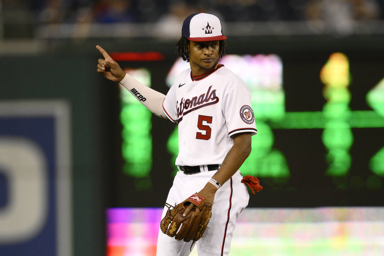 Washington Nationals shortstop CJ Abrams gestures during the fourth inning of the team's baseball g...