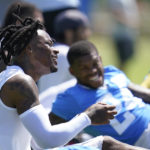 
              Los Angeles Chargers safety Derwin James Jr., left, and safety Nasir Adderley (24) participate in drills during a combined NFL practice with the Dallas Cowboys at the Los Angeles Rams' practice facility in Costa Mesa, Calif. Wednesday, Aug. 17, 2022. (AP Photo/Ashley Landis)
            