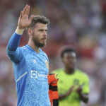 
              Manchester United's goalkeeper David de Gea waves to his team supporters after the end of the English Premier League soccer match between Brentford and Manchester United at the Gtech Community Stadium in London, Saturday, Aug. 13, 2022. Manchester United lost 0-4 .(AP Photo/Ian Walton)
            