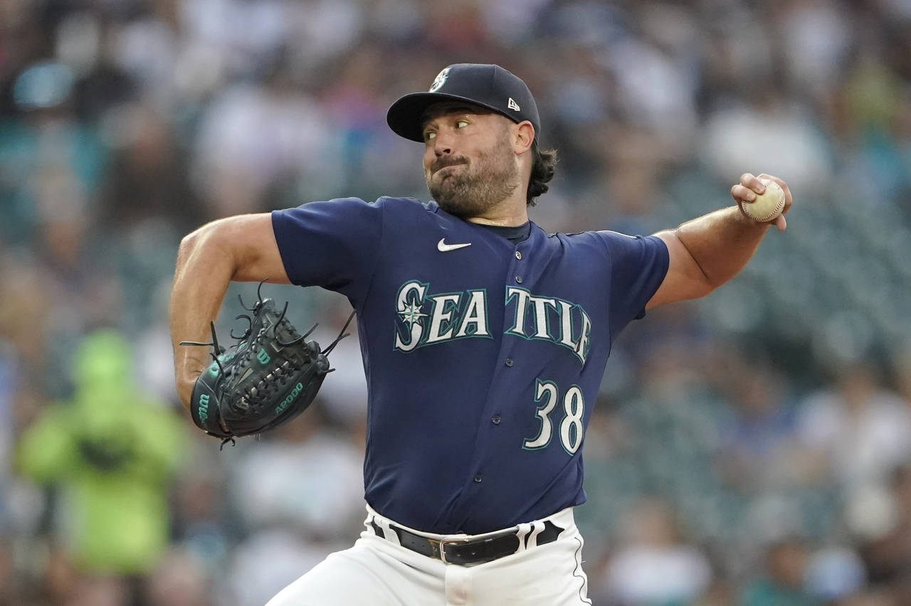 Seattle Mariners starting pitcher Robbie Ray throws against the Washington Nationals during the fir...