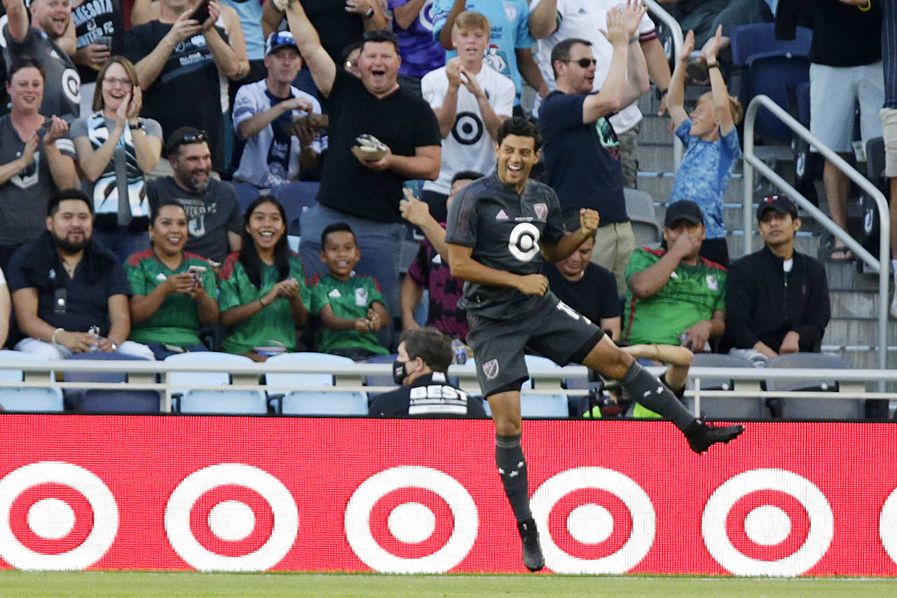 MLS All-Star Carlos Vela celebrates his goal during the first half of the MLS All-Star soccer match...