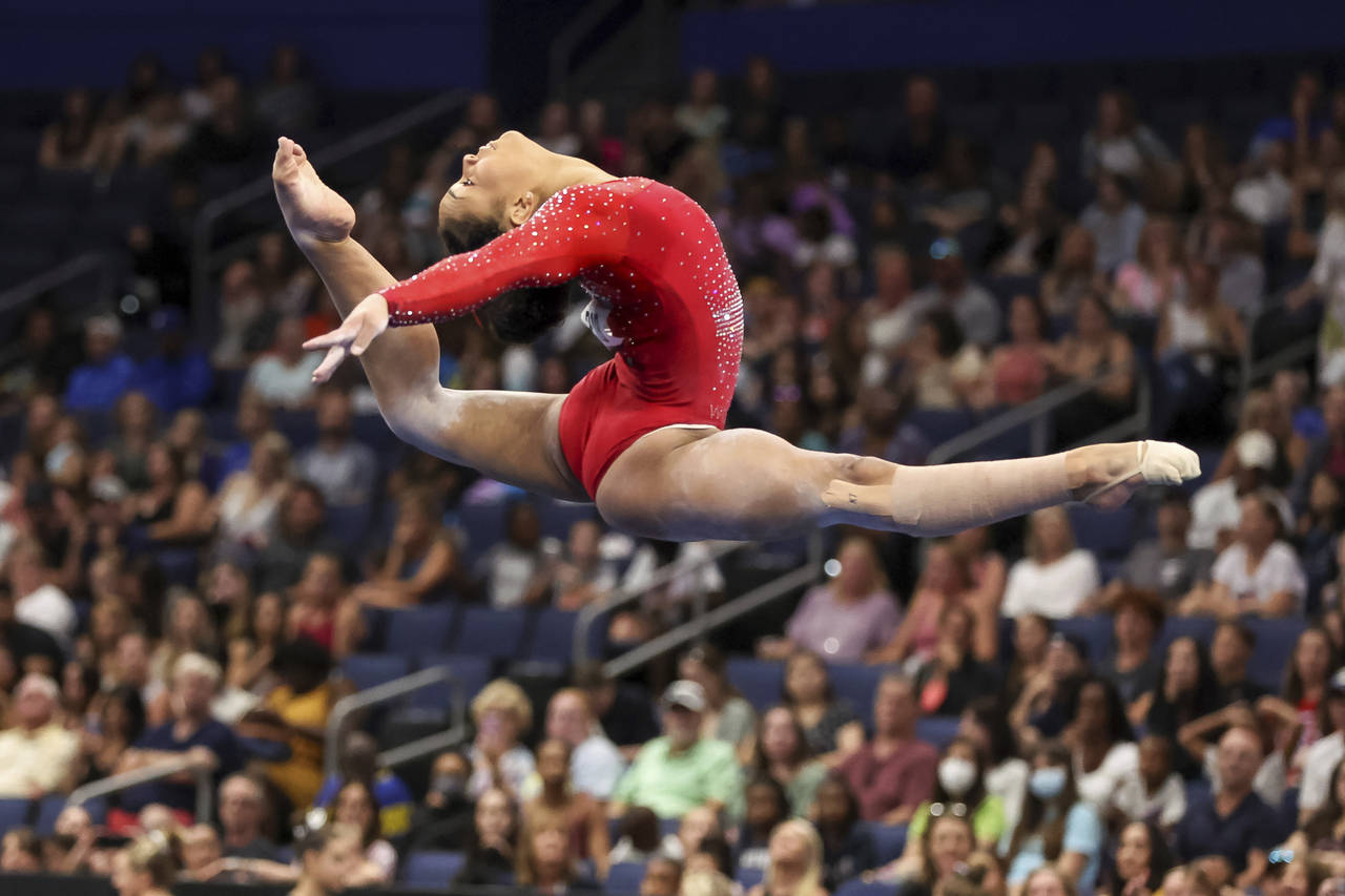 Konnor McClain competes on the floor during the U.S. Gymnastics Championships, Sunday, Aug. 21, 202...