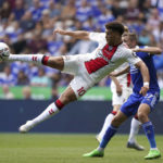 
              Southampton's Che Adams scores during the English Premier League soccer match between Leicester City and Southampton at the King Power Stadium, Leicester, England, Saturday Aug. 20, 2022. (Joe Giddens/PA via AP)
            