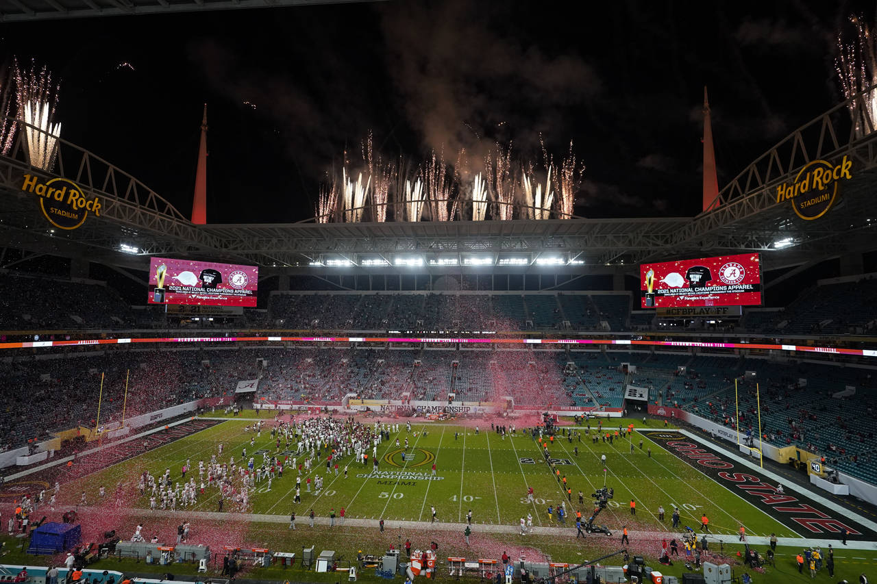 FILE - Alabama celebrates after their win against Ohio State in an NCAA College Football Playoff na...
