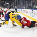 
              Sweden's Ake Stakkestad (15) and Austria's Lorenz Lindner (4) battle for the puck during the second period at the IIHF World Junior Hockey Championship in Edmonton, Alberta, Friday, Aug. 12, 2022. (Jason Franson/The Canadian Press via AP)
            