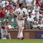 
              St. Louis Cardinals' Paul DeJong watches his three-run home run during the eighth inning of a baseball game against the New York Yankees Sunday, Aug. 7, 2022, in St. Louis. (AP Photo/Jeff Roberson)
            