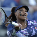 
              FILE - Serena Williams  returns the ball during her quarterfinal doubles tennis match with Ons Jabeur of Tunisia against Shuko Aoyama of Japan and Hao-Ching of Taiwan at the Eastbourne International tennis tournament in Eastbourne, England, Wednesday, June 22, 2022. The U.S. Open draw on Thursday, Aug. 25, 2022, set up 23-time Grand Slam champion Williams to face Danka Kovinic of Montenegro in the first round. The tournament begins Monday. (AP Photo/Kirsty Wigglesworth, File)
            