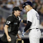 
              New York Yankees' Anthony Rizzo talks with home plate umpire DJ Reyburn during the third inning of the team's baseball game against the Tampa Bay Rays on Monday, Aug. 15, 2022, in New York. (AP Photo/Adam Hunger)
            