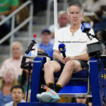 
              John McEnroe takes over the roll of chair umpire during a "The Tennis Plays for Peace" exhibition match to raise awareness and humanitarian aid for Ukraine Wednesday, Aug. 24, 2022, in New York. The 2022 U.S. Open Main Draw will begin on Monday, Aug. 29, 2022. (AP Photo/Frank Franklin II)
            