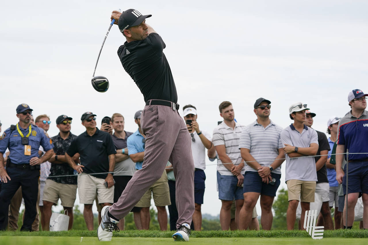 Sergio Garcia hits off the ninth tee during the first round of the Bedminster Invitational LIV Golf...