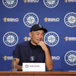 
              Seattle Mariners former baseball player Ichiro Suzuki, meets with the news media, Friday, Aug. 26, 2022, in Seattle the day before his induction into the Mariners' Hall of Fame. (AP Photo/John Froschauer)
            