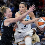 
              New York Liberty guard Rebecca Allen, right, looks to pass as Chicago Sky guard Courtney Vandersloot defends during the first half in Game 1 of a WNBA basketball first-round playoff series Wednesday, Aug. 17, 2022, in Chicago. (AP Photo/Nam Y. Huh)
            