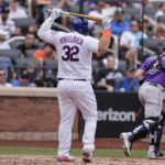 
              New York Mets' Daniel Vogelbach reacts after striking out as Colorado Rockies catcher Brian Serven runs off in the fourth inning of a baseball game, Sunday, Aug. 28, 2022, in New York. (AP Photo/Corey Sipkin)
            