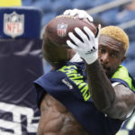 
              Seattle Seahawks wide receiver DK Metcalf makes a catch during warmups before an NFL football game against the Chicago Bears, Thursday, Aug. 18, 2022, in Seattle. (AP Photo/Stephen Brashear)
            
