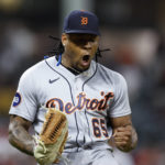 
              Detroit Tigers relief pitcher Gregory Soto celebrates the team's 4-3 win against the Cleveland Guardians in a baseball game Tuesday, Aug. 16, 2022, in Cleveland. (AP Photo/Ron Schwane)
            