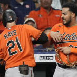 
              Baltimore Orioles' Austin Hays (21) celebrates with Anthony Santander after hitting a home run against the Houston Astros during the third inning of a baseball game Saturday, Aug. 27, 2022, in Houston. (AP Photo/David J. Phillip)
            