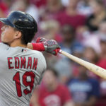 
              St. Louis Cardinals' Tommy Edman watches his solo home run during the third inning of the team's baseball game against the Cincinnati Reds on Tuesday, Aug. 30, 2022, in Cincinnati. (AP Photo/Jeff Dean)
            