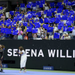 
              Serena Williams, of the United States, waves to the crowd during a tribute to her career after she defeated Danka Kovinic, of Montenegro, during the first round of the US Open tennis championships, Monday, Aug. 29, 2022, in New York. (AP Photo/Charles Krupa)
            