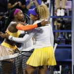 
              Coco Gauff, left, of the United States, and Naomi Osaka, of Japan, meet at the net after Gauff's win at the Mubadala Silicon Valley Classic tennis tournament Thursday, Aug. 4, 2022, in San Jose, Calif. (Santiago Mejia/San Francisco Chronicle via AP)
            