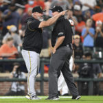 
              Pittsburgh Pirates manager Derek Shelton argues with first base umpire Ron Kulpa before being ejected during the eighth inning of the team's baseball game against the Baltimore Orioles, Friday, Aug. 5, 2022, in Baltimore.(AP Photo/Gail Burton)
            