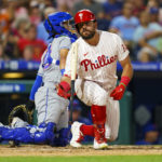 
              Philadelphia Phillies' Kyle Schwarber reacts to striking out during the third inning of a baseball game against the New York Mets, Friday, Aug. 19, 2022, in Philadelphia. (AP Photo/Chris Szagola)
            