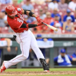 
              Cincinnati Reds' Jose Barrero hits an RBI-double during the fifth inning of a baseball game against the Chicago Cubs in Cincinnati, Sunday, Aug. 14, 2022. (AP Photo/Aaron Doster)
            