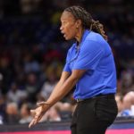 
              Dallas Wings coach Vickie Johnson gestures during the second half of the team's WNBA basketball game against the New York Liberty in Arlington, Texas, Wednesday, Aug. 10, 2022. (AP Photo/Tony Gutierrez)
            