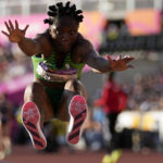 
              Ruth Usoro of Nigeria makes an attempt in the Women's long jump final and during the athletics competition in the Alexander Stadium at the Commonwealth Games in Birmingham, England, Sunday, Aug. 7, 2022. (AP Photo/Alastair Grant)
            