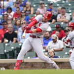 
              St. Louis Cardinals' Nolan Gorman hits an RBI single off Chicago Cubs starting pitcher Marcus Stroman, scoring Paul Goldschmidt, during the first inning of a baseball game Thursday, Aug. 25, 2022, in Chicago. (AP Photo/Charles Rex Arbogast)
            