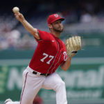 
              Washington Nationals starting pitcher Cory Abbott (77) pitches during the first inning of a baseball game against the Chicago Cubs at Nationals Park Wednesday, Aug. 17, 2022, in Washington. (AP Photo/Andrew Harnik)
            