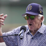 
              Broadcaster Bob Uecker speaks before a baseball game between the Milwaukee Brewers and the Cincinnati Reds on Friday, Aug. 5, 2022, in Milwaukee. (AP Photo/Aaron Gash)
            
