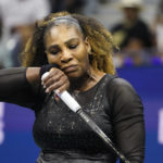 
              Serena Williams, of the United States, wipes her face during her match with Danka Kovinic, of Montenegro, at the first round of the US Open tennis championships, Monday, Aug. 29, 2022, in New York. (AP Photo/John Minchillo)
            