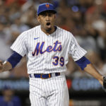 
              New York Mets pitcher Edwin Diaz reacts after the team's 2-1 win over the Los Angeles Dodgers in a baseball game Wednesday, Aug. 31, 2022, in New York. (AP Photo/Adam Hunger)
            