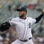 
              Detroit Tigers pitcher Eduardo Rodriguez throws against the Los Angeles Angels in the fifth inning of a baseball game in Detroit, Sunday, Aug. 21, 2022. (AP Photo/Paul Sancya)
            