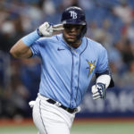 
              Tampa Bay Rays third baseman Isaac Paredes reacts after hitting a two-run home against the Los Angeles Angels during the third inning of a baseball game Thursday, Aug. 25, 2022, in St. Petersburg, Fla. (AP Photo/Scott Audette)
            