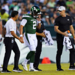 
              New York Jets' Zach Wilson is taken off the field after an injury during the first half of a preseason NFL football game against the Philadelphia Eagles on Friday, Aug. 12, 2022, in Philadelphia. (AP Photo/Matt Rourke)
            