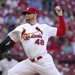 
              St. Louis Cardinals starting pitcher Jordan Montgomery throws during the first inning of a baseball game against the Colorado Rockies Wednesday, Aug. 17, 2022, in St. Louis. (AP Photo/Jeff Roberson)
            