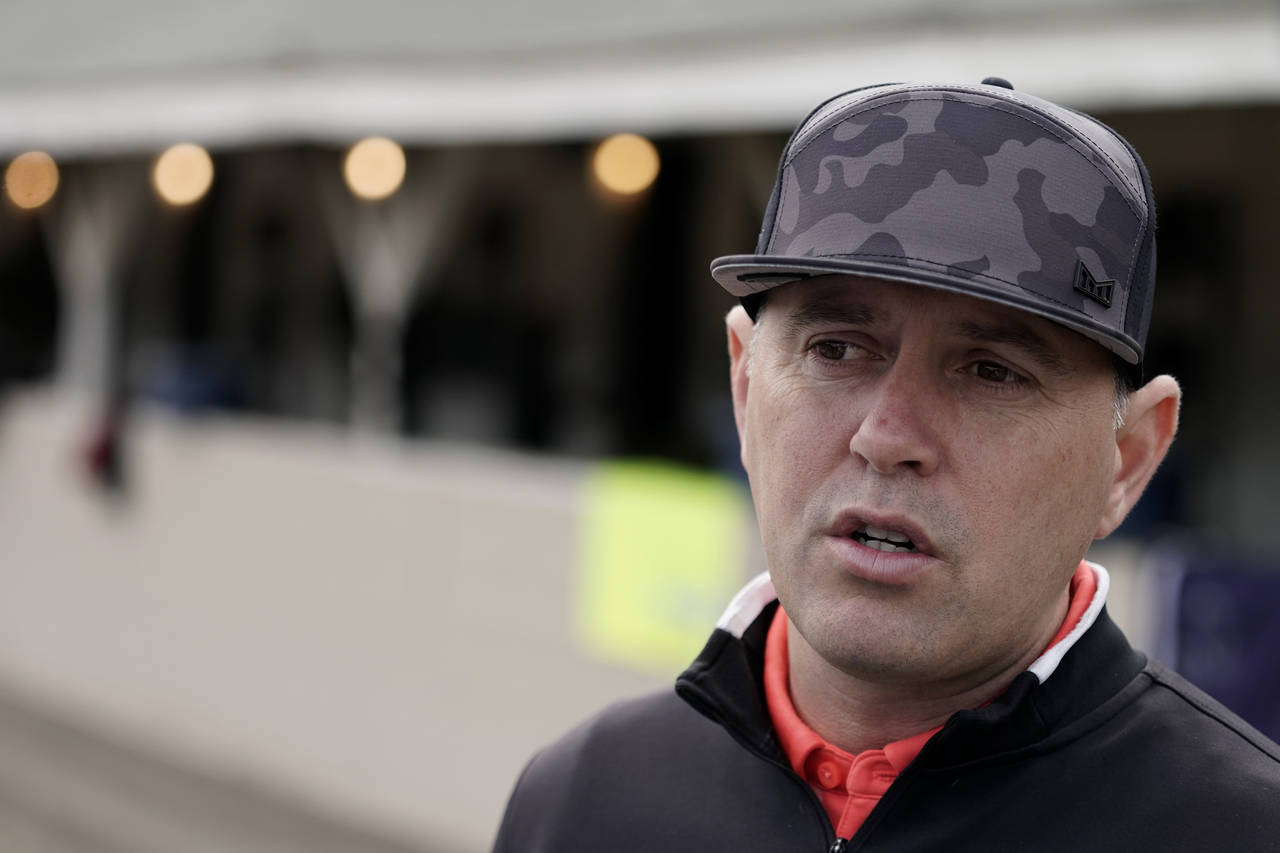 FLE - Horse trainer Chad Brown talks to the media after a workout by Kentucky Derby entrant Zandon ...