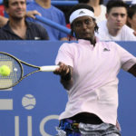 
              Mikael Ymer, of Sweden, hits a forehand to Nick Kyrgios, of Australia, at the Citi Open tennis tournament Saturday, Aug. 6, 2022, in Washington. (AP Photo/Nick Wass)
            
