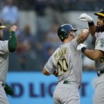 
              Oakland Athletics' Shea Langeliers (23), Chad Pinder (10) and Dermis Garcia, right, celebrate a three-run home run by Garcia during the first inning of the team's baseball game against the Texas Rangers in Arlington, Texas, Tuesday, Sept. 13, 2022. (AP Photo/Tony Gutierrez)
            