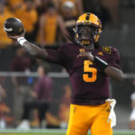 
              Arizona State quarterback Emory Jones throws a pass against Northern Arizona during the first half of an NCAA college football game Thursday, Sept. 1, 2022, in Tempe, Ariz. (AP Photo/Rick Scuteri)
            