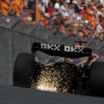 
              Mclaren driver Daniel Ricciardo of Australia leaves sparks behind during the first practice session ahead of Sunday's Formula One Dutch Grand Prix auto race, at the Zandvoort racetrack, in Zandvoort, Netherlands, Friday, Sept. 2, 2022. (AP Photo/Peter Dejong)
            