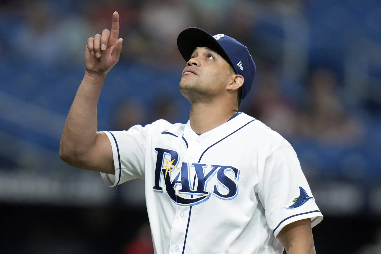 Tampa Bay Rays pitcher Yonny Chirinos reacts after retiring the Boston Red Sox during the fourth in...