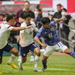 
              United States Sergino Dest, United States Luca de la Torre and Japan's Takefusa Kubo challenge during the international friendly soccer match between USA and Japan as part of the Kirin Challenge Cup in Duesseldorf, Germany, Friday, Sept. 23, 2022. (AP Photo/Martin Meissner)
            