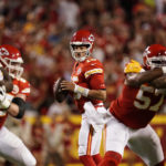 
              Kansas City Chiefs quarterback Patrick Mahomes drops back to pass during the first half of an NFL football game against the Los Angeles Chargers Thursday, Sept. 15, 2022, in Kansas City, Mo. (AP Photo/Charlie Riedel)
            